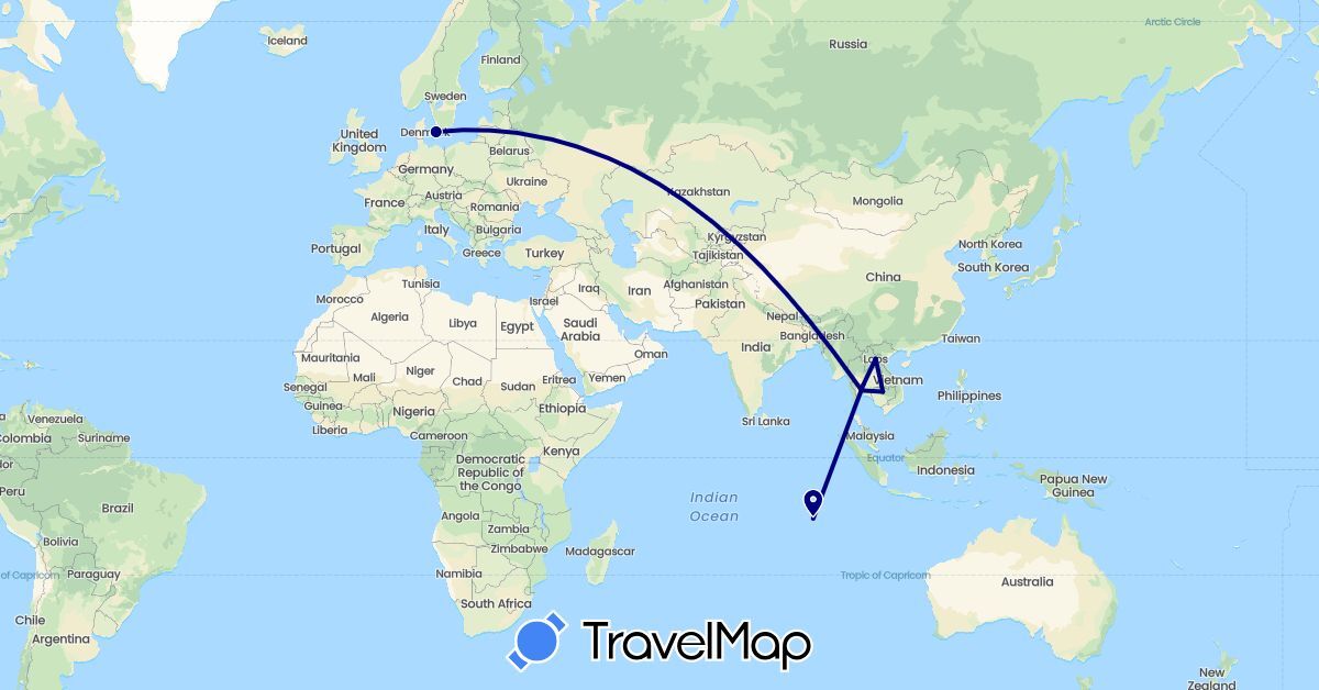 TravelMap itinerary: driving in Denmark, Cambodia, Laos, Malaysia, Thailand, Vietnam (Asia, Europe)